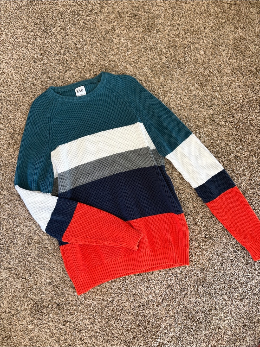 ZARA Striped Ribbed Sweater - Teal, White, Gray, Navy, Red
